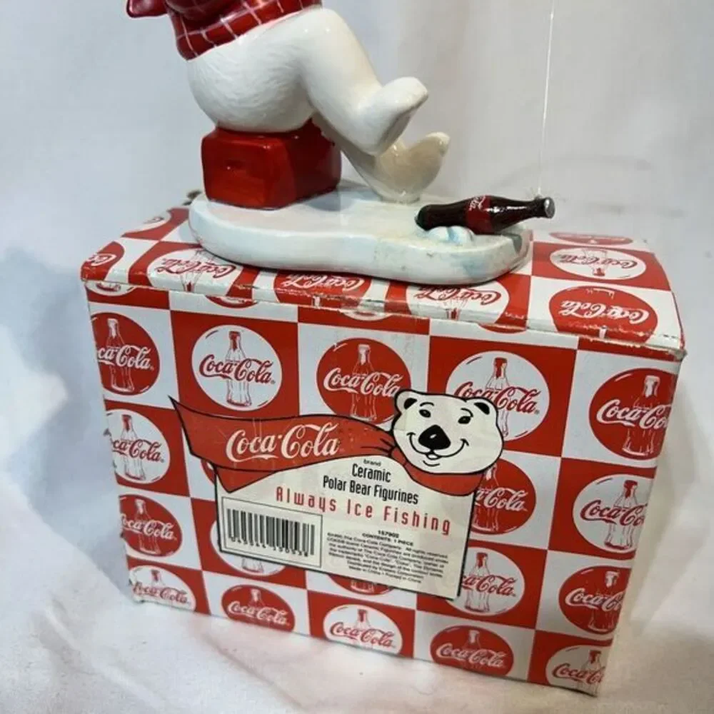 Coca-Cola Always Ice Fishing Ceramic Polar Bear‎ Figurine  - Vintage 1995